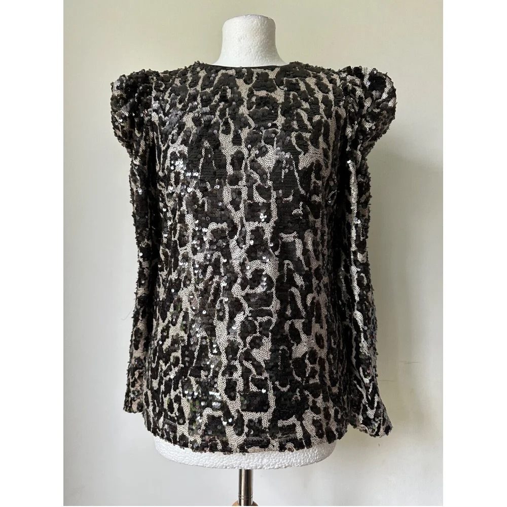 VERY Sequin Puff Shoulder Cut Out Back Blouse Size 8 Lined - Picture 1 of 5